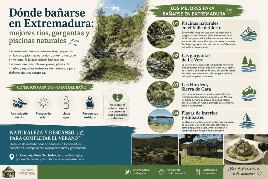 Infografía explicativa dónde bañarse en Extremadura